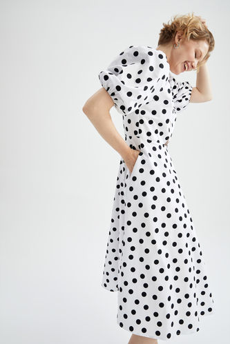 Nihan Peker Tasarım Puantiye Desenli Fiyonk Detaylı Midi Elbise