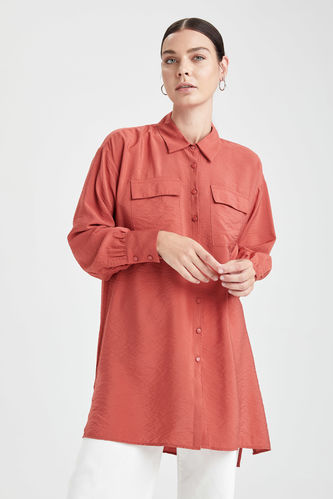 Cep Detaylı Balon Kollu Yırtmaçlı Gömlek Tunik