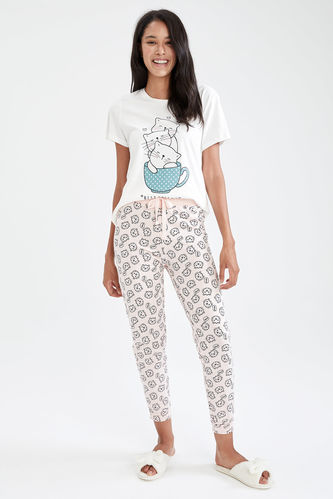Cat Printed Short Sleeve T-Shirt And Trousers Pyjamas Set