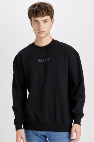 Boxy Fit Bisiklet Yaka Baskılı Sweatshirt