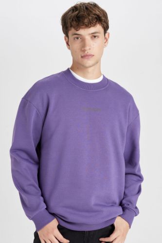 Mor Boxy Fit Bisiklet Yaka Baskılı Sweatshirt