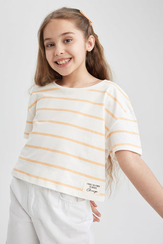Kız Çocuk Çizgili Crop Kısa Kollu Tişört