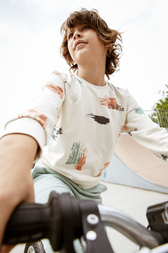 Erkek Çocuk Regular Fit Geometrik Desenli Bisiklet Yaka Organik Pamuklu Sweatshirt