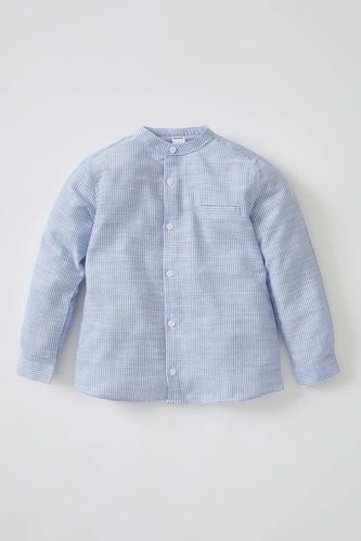 Patterned Collar Long Sleeve Cotton Shirt