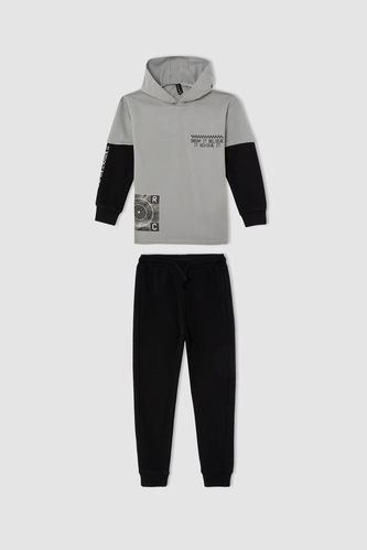 Erkek Çocuk Slogan Baskılı Kapüşonlu Renk Bloklu Pamuklu Uzun Kollu Sweatshirt ve Jogger Eşofman Altı Takımı