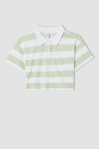 Kız Çocuk Çizgili Polo Yaka Crop Kısa Kollu Tişört