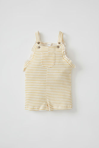 Ruffled Striped Patterned Textured Dungaree Shorts