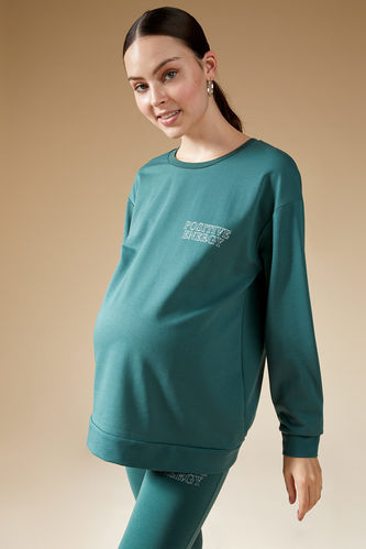 Text Printed Crew Neck Maternity Sweatshirt