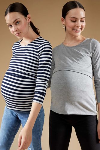 Crew Neck Basic and Striped Maternity T-Shirt