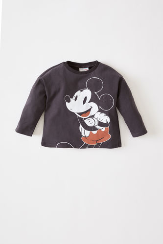 Erkek Bebek Mickey Mouse Lisanslı Bisiklet Yaka Sırt Baskılı Pamuklu Uzun Kollu Tişört