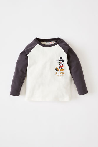 Erkek Bebek Mickey Mouse Lisanslı Bisiklet Yaka Sırt Baskılı Pamuklu Uzun Kollu Tişört