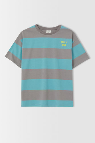 Erkek Çocuk Çizgili Slogan Baskılı Kısa Kollu Tişört