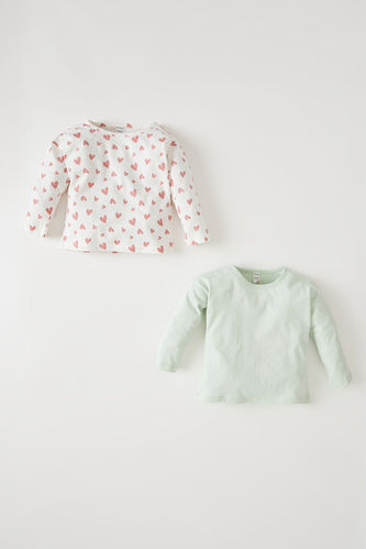 Kız Bebek Kalp Desenli Uzun Kollu 2'li Pamuklu Tişört