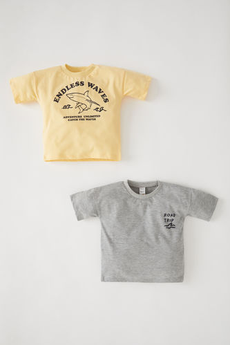 Erkek Bebek Köpek Balığı Baskılı 2'li Kısa Kollu Tişört