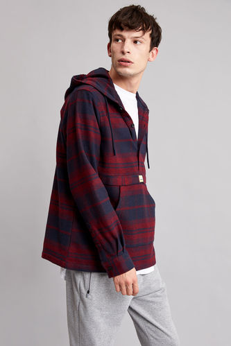 Long Sleeve Check Patterned Hooded Shirt