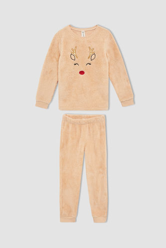 Kız Çocuk Regular Fit Uzun Kollu Pelüş Pijama Takım
