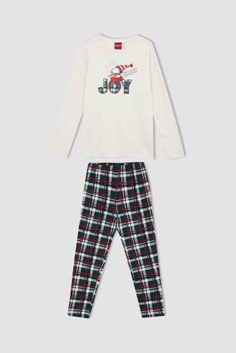 Kız Çocuk Snoopy Lisanslı Yılbaşı Temalı Kareli Pamuklu Uzun Kollu Pijama Takım