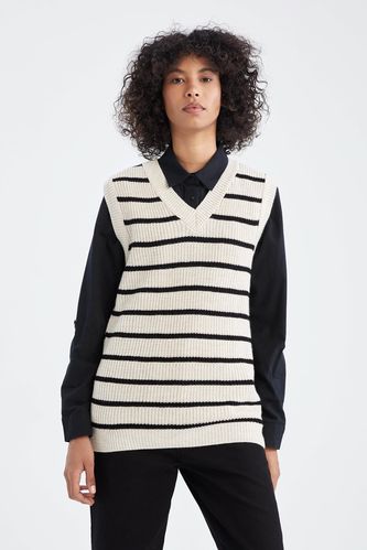 Pull tunique en tricot Thessalonique à col en V à rayures et coupe décontractée
