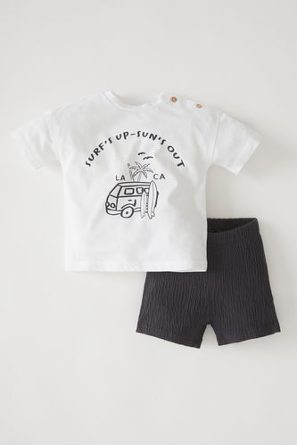 Erkek Bebek Baskılı Kısa Kollu Pamuklu Tişört Ve Şort Takımı