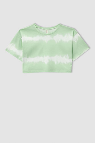 Kız Çocuk Batik Desenli Relax Fit Crop Kısa Kollu Tişört