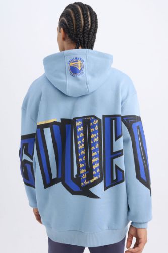 DeFactoFit NBA Golden State Warriors Oversize Geniş Kalıp Kapüşonlu Kalın Sweatshirt