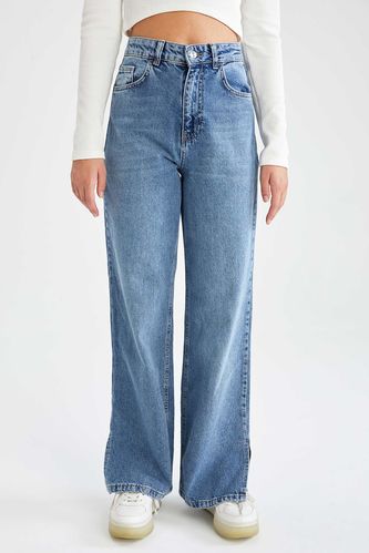 90's Geniş Paça Yırtmaç Detaylı Yıkamalı Yüksek Bel Jean %100 Pamuk Pantolon