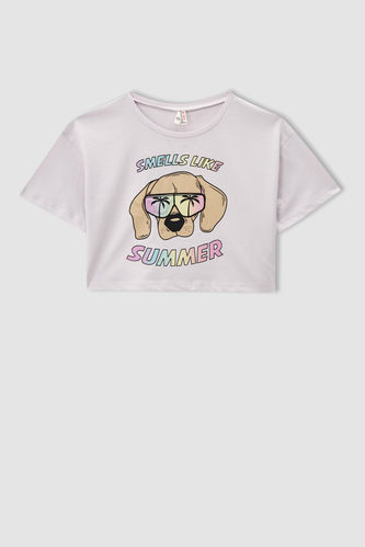Kız Çocuk Baskılı Dokunmatik Işıklı Kısa Kollu Crop Tişört