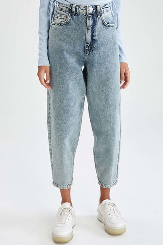 Slim Slouchy Fit Yüksek Bel Yıkamalı Jean %100 Pamuk Pantolon