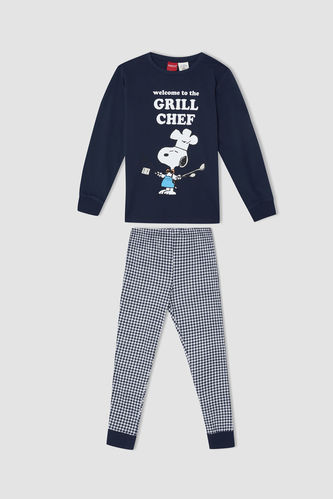 Boy Snoopy Licensed Checked Cotton Long Sleeve Pajamas Set