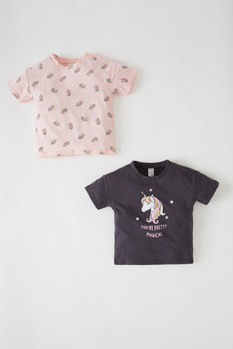 Kız Bebek Unicorn Baskılı 2'li Kısa Kollu Pamuklu Tişört