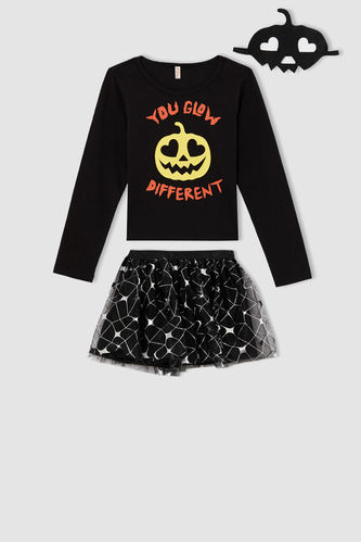 Girl Halloween Print Long Sleeve T-shirt & Skirt & Mask Set