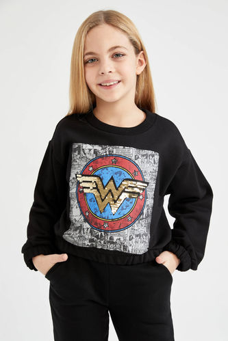 Kız Çocuk Wonder Woman Crop Bisiklet Yaka Sweatshirt