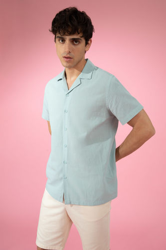 Modern Fit Top Collar Linen Look Short Sleeve Shirt