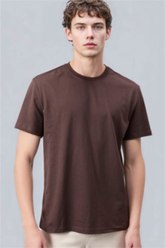 رجال بني تيشيرت عادي من قطن قصة عادية برقبة مستديرة