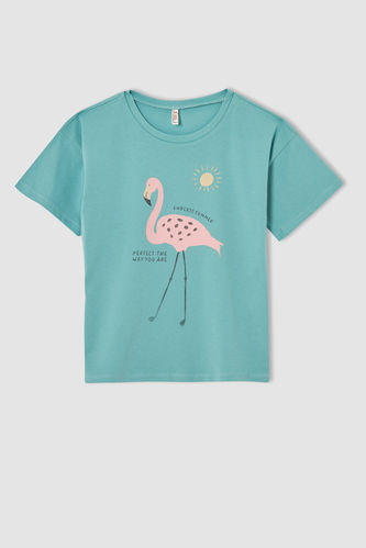 Kız Çocuk Relax Fit Flamingo Baskılı Kısa Kollu Tişört