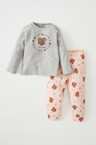 Kız Bebek Sincap Desenli Uzun Kollu Pamuklu Pijama Takımı