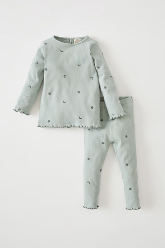Kız Bebek Desenli Uzun Kollu Organik Pamuklu Pijama Takımı