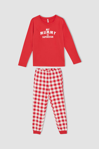Kız Çocuk Regular Fit Kare Desenli Uzun Kollu Pamuklu Pijama Takım
