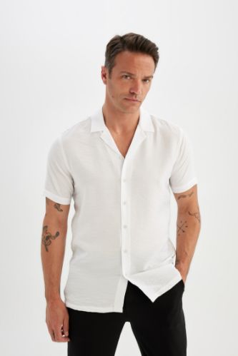 Modern Fit Yazlık Polo Yaka Basic Düz Aerobin Kısa Kollu Beyaz Gömlek