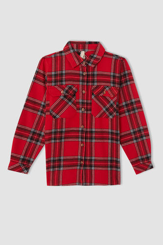 Girl Regular Fit Long Sleeve Square Print Flannel Shirt Jacket