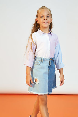 Kız Çocuk Regular Fit Yırtık Detaylı Renk Bloklu Jean Etek