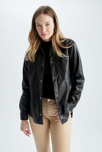 Oversize Faux Leather Shirt Jacket