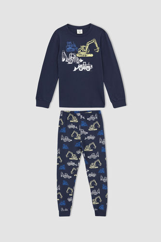 Erkek Çocuk İş Makinası Desenli Pamuklu Uzun Kollu Pijama Takım