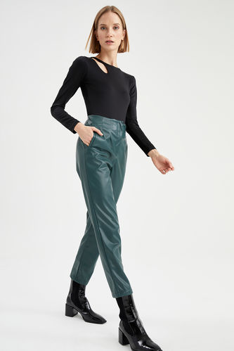 Faux Leather Shirred Trousers