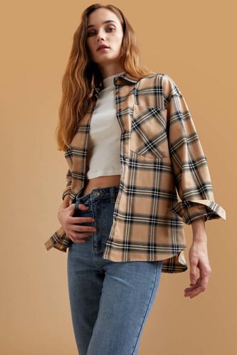 Oversize Fit Long Sleeve Square Print Flannel Shirt