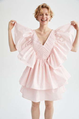 Nihan Peker Tasarım V Yaka Drape Detaylı Midi Elbise