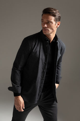 Modern Fit Buttondown Polo Neck Flanel Long Sleeve Shirt