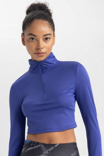 DeFactoFit Slim Fit Dar Kesim Fermuarlı Dik Yaka Sporcu Uzun Kollu Tişört