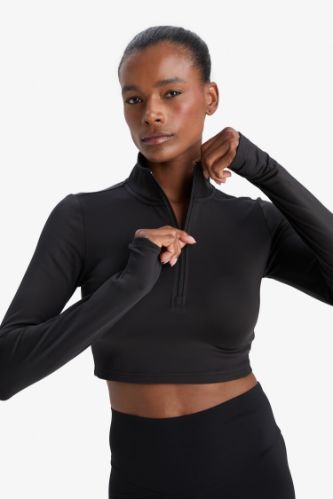 DeFactoFit Slim Fit Dar Kesim Fermuarlı Dik Yaka Sporcu Uzun Kollu Tişört