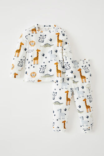 Erkek Bebek Safari Baskılı Uzun Kollu Ribana 2'li Pijama Takımı